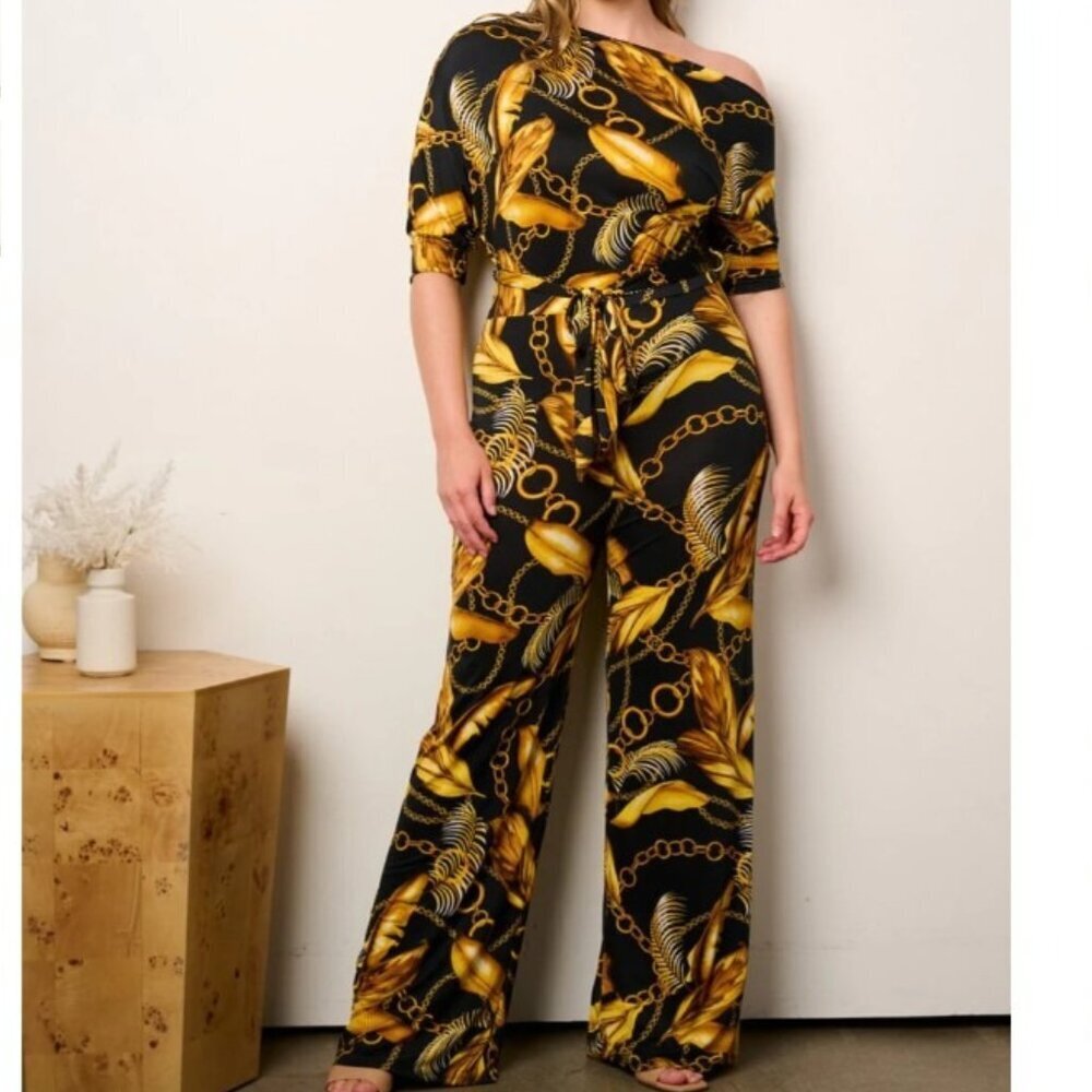 JANETTE PLUS SIZE off Shoulder Multi Print Wide Leg Jumpsuit NWT 1X, 2X